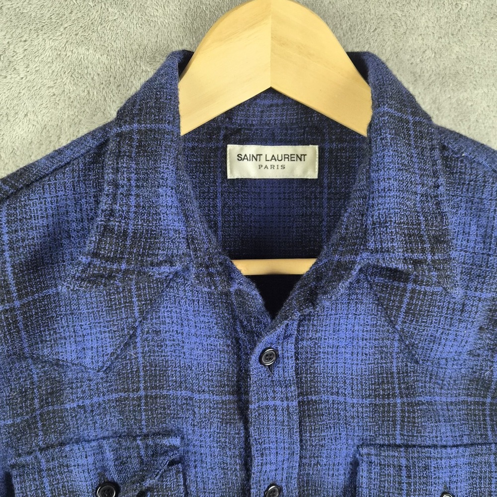 Saint Laurent Paris Shirt Large Navy Blue Plaid 100% Wool Japan Designer Luxury - Picture 6 of 11